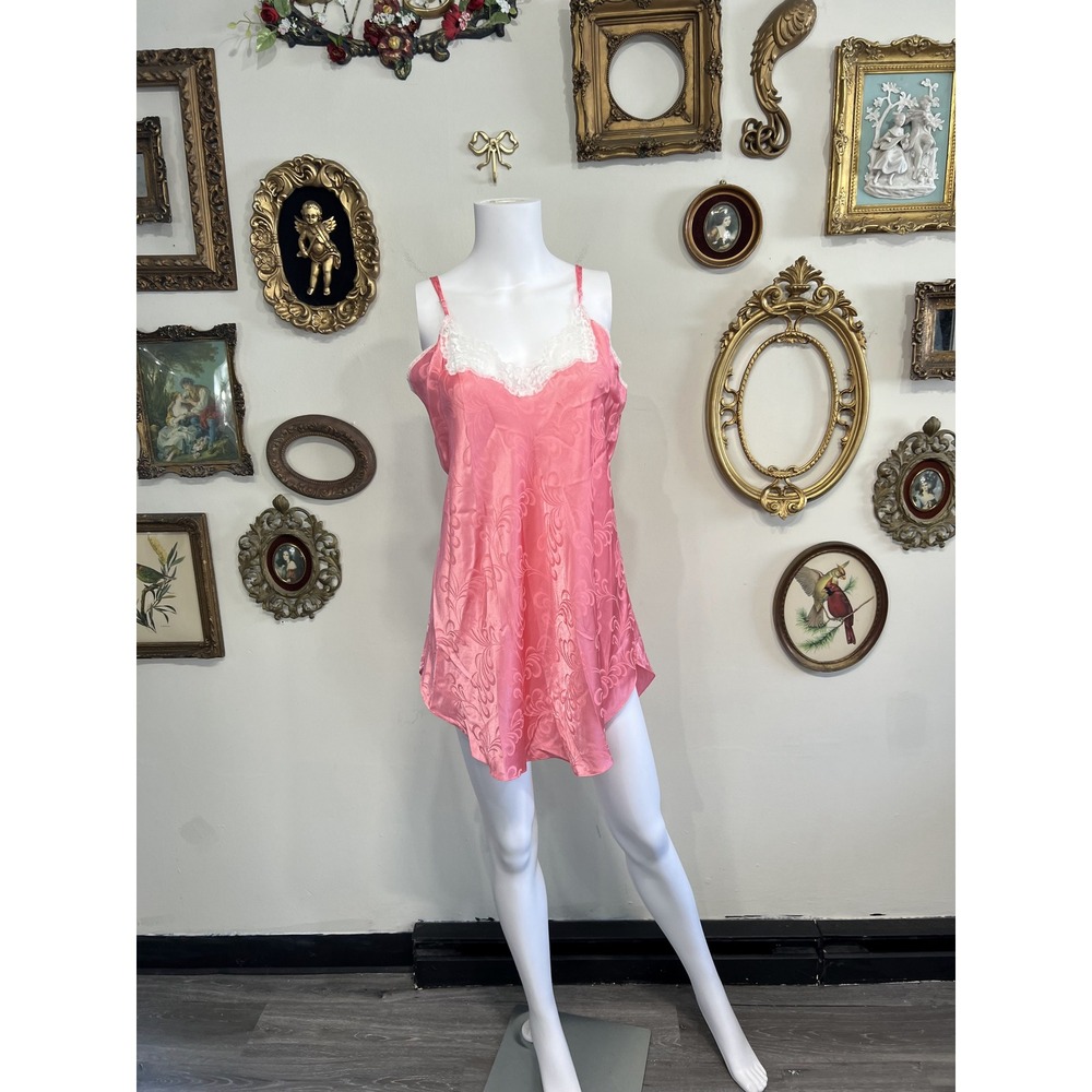 Linda Bis Vintage Pink Satin Jacquard Slip Nightgown and Robe 2 Piece Set Sz 6 L